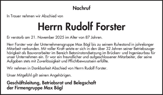 Traueranzeige von Rudolf Forster von Neumarkter Tagblatt