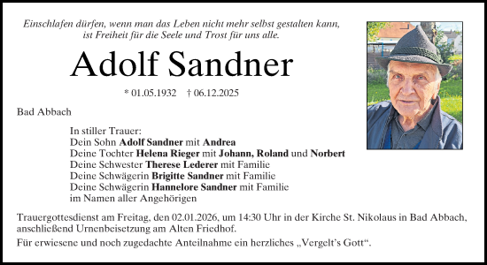Traueranzeige von Adolf Sandner von Mittelbayerische Zeitung Kelheim