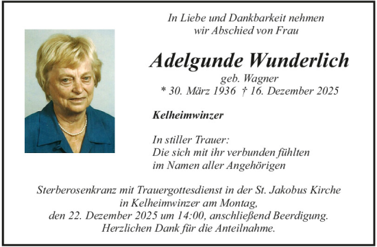 Traueranzeige von Adelgunde Wunderlich von Mittelbayerische Zeitung Kelheim