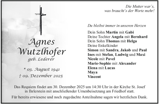 Traueranzeige von Agnes Wutzlhofer von Mittelbayerische Zeitung Kelheim