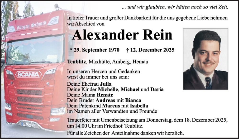  Traueranzeige für Alexander Rein vom 16.12.2025 aus Mittelbayerische Zeitung Schwandorf