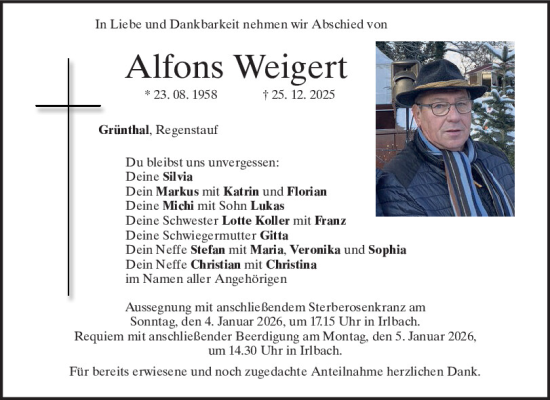 Traueranzeige von Alfons Weigert von Mittelbayerische Zeitung Regensburg