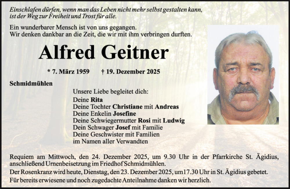  Traueranzeige für Alfred Geitner vom 23.12.2025 aus Mittelbayerische Zeitung Schwandorf