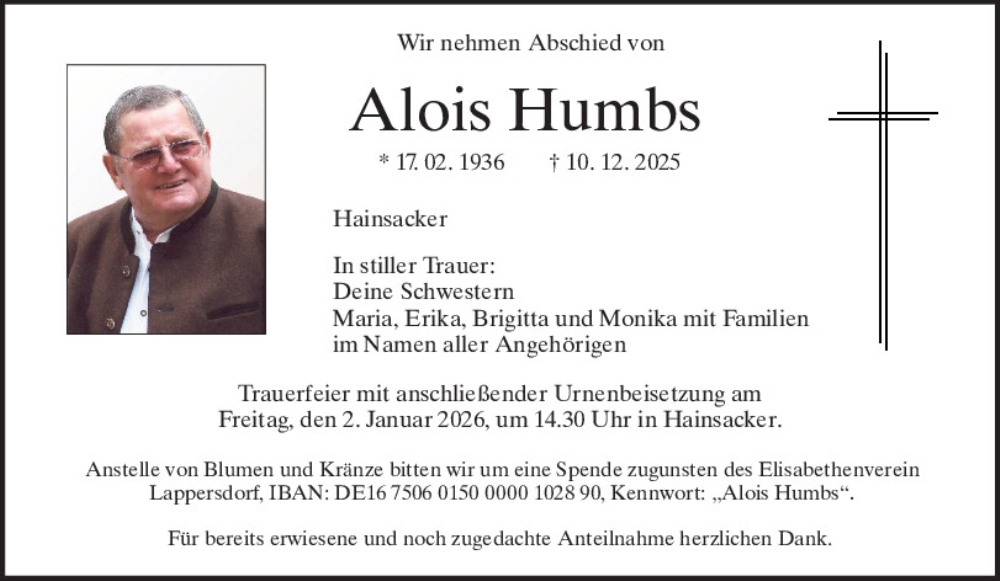  Traueranzeige für Alois Humbs vom 24.12.2025 aus Mittelbayerische Zeitung Regensburg