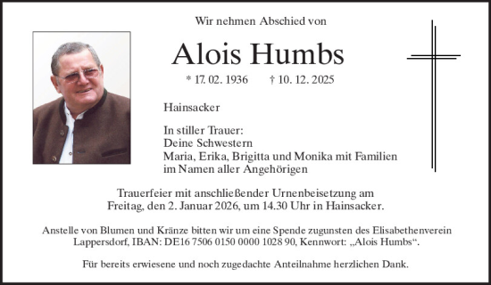 Traueranzeige von Alois Humbs von Mittelbayerische Zeitung Regensburg