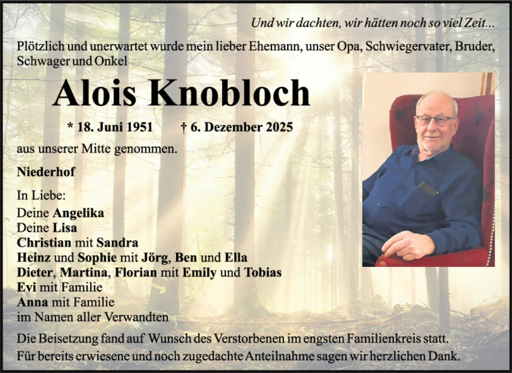  Traueranzeige für Alois Knobloch vom 20.12.2025 aus Mittelbayerische Zeitung Schwandorf