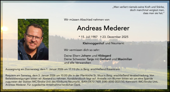 Traueranzeige von Andreas Mederer von Neumarkter Tagblatt
