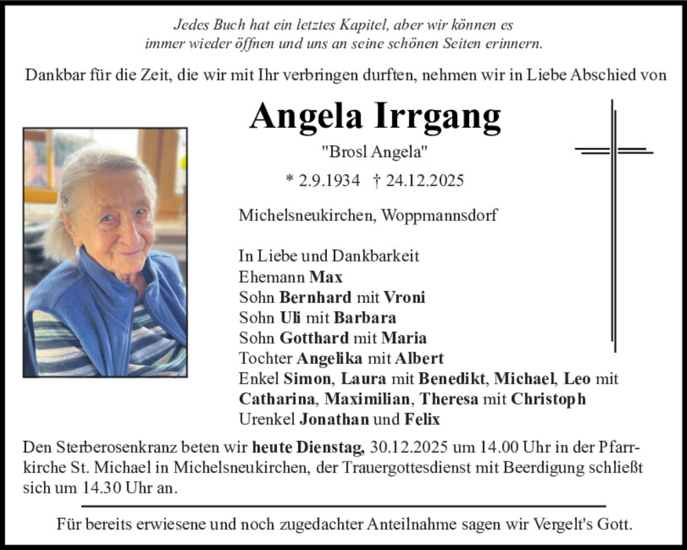  Traueranzeige für Angela Irrgang vom 30.12.2025 aus Bayerwald Echo