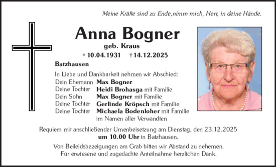 Traueranzeige von Anna Bogner von Neumarkter Tagblatt