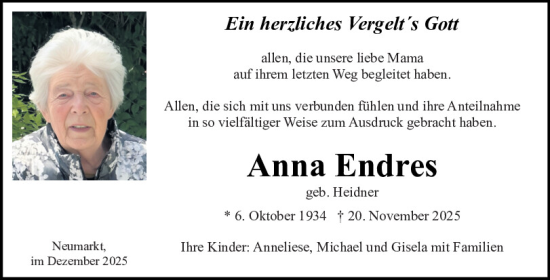 Traueranzeige von Anna Endres von Neumarkter Tagblatt