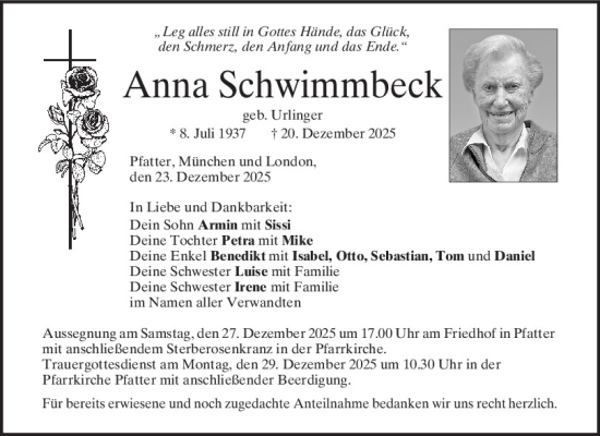 Traueranzeige von Anna Schwimmbeck von Mittelbayerische Zeitung Regensburg