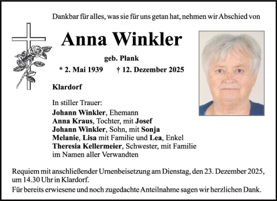 Traueranzeige von Anna Winkler von Mittelbayerische Zeitung Schwandorf