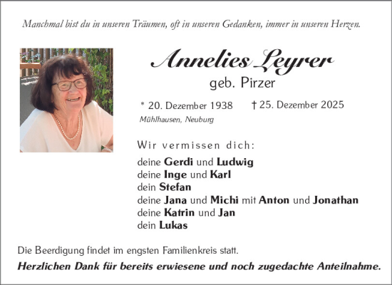Traueranzeige von Annelies Leyrer von Mittelbayerische Zeitung Kelheim