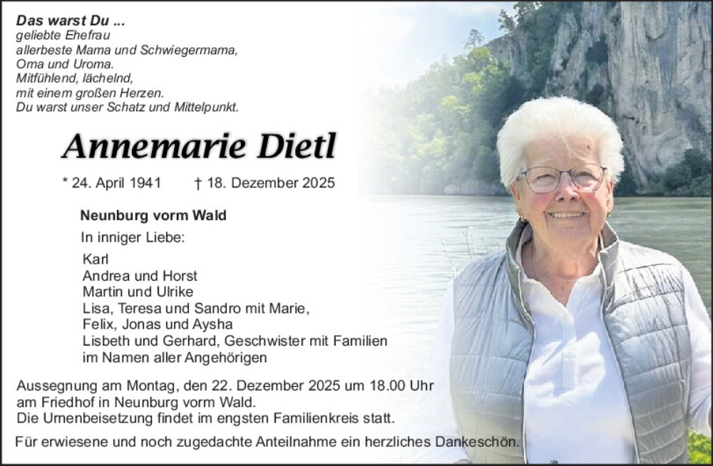  Traueranzeige für Annemarie Dietl vom 20.12.2025 aus Mittelbayerische Zeitung Schwandorf
