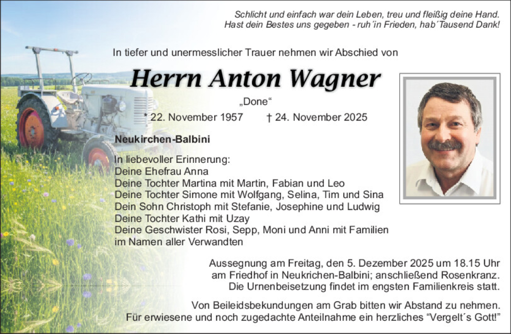  Traueranzeige für Anton Wagner vom 02.12.2025 aus Mittelbayerische Zeitung Schwandorf