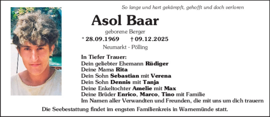 Traueranzeige von Asol Baar von Neumarkter Tagblatt