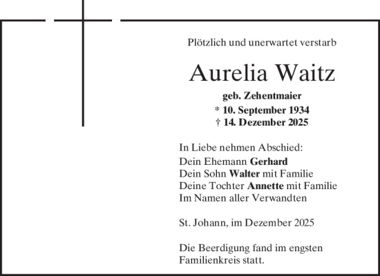 Traueranzeige von Aurelia Waitz von Mittelbayerische Zeitung Kelheim