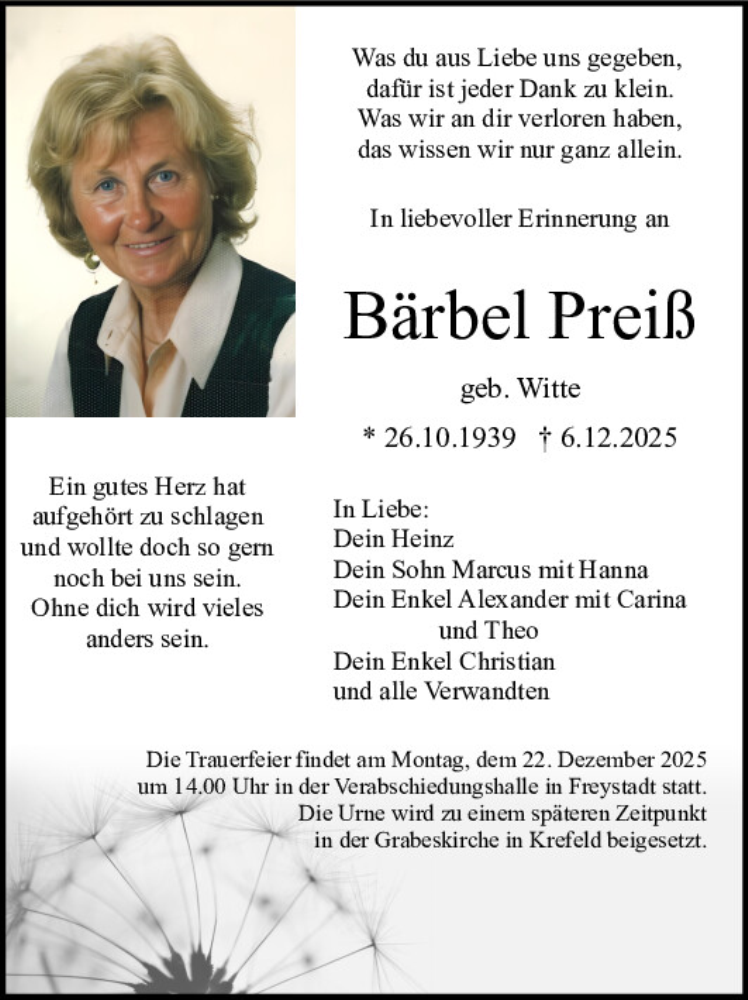  Traueranzeige für Bärbel Preiß vom 17.12.2025 aus Neumarkter Tagblatt