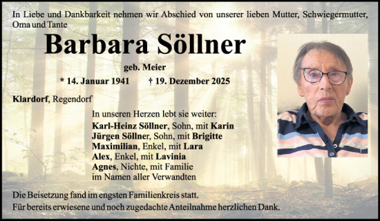 Traueranzeige von Barbara Söllner von Mittelbayerische Zeitung Schwandorf