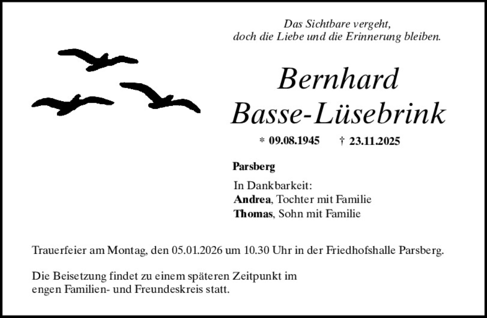  Traueranzeige für Bernhard Basse-Lüsebrink vom 30.12.2025 aus Neumarkter Tagblatt