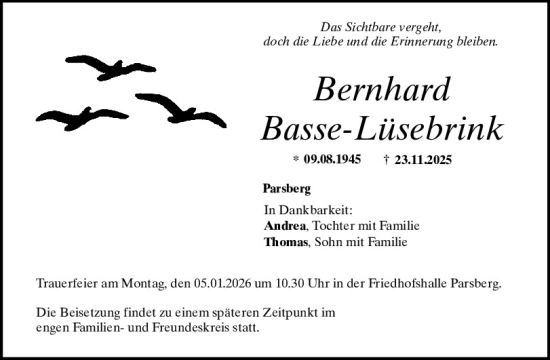 Traueranzeige von Bernhard Basse-Lüsebrink von Neumarkter Tagblatt
