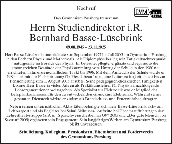 Traueranzeige von Bernhard Basse-Lüsebrink von Neumarkter Tagblatt