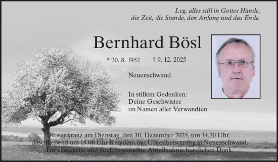 Traueranzeige von Bernhard Bösl von Mittelbayerische Zeitung Schwandorf