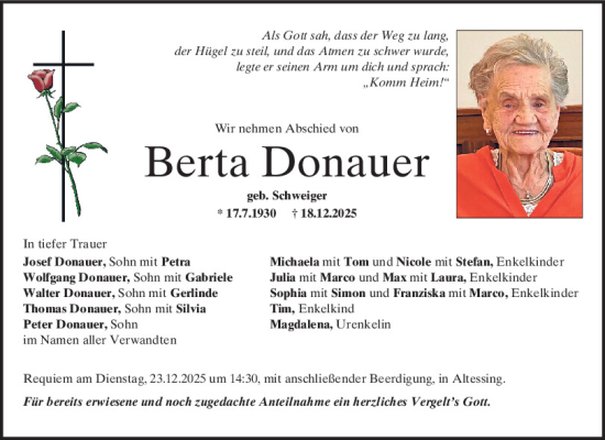 Traueranzeige von Berta Donauer von Mittelbayerische Zeitung Kelheim
