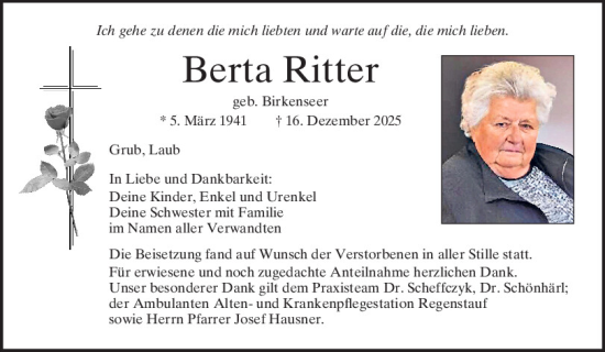 Traueranzeige von Berta Ritter von Mittelbayerische Zeitung Regensburg