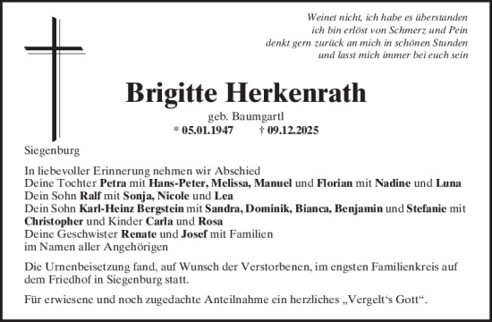 Traueranzeige von Brigitte Herkenrath von Mittelbayerische Zeitung Kelheim