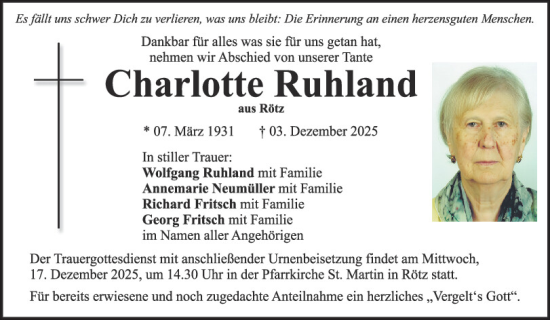 Traueranzeige von Charlotte Ruhland von Bayerwald Echo