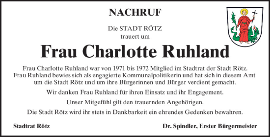 Traueranzeige von Charlotte Ruhland von Bayerwald Echo