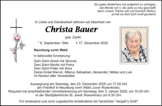 Traueranzeige von Christa Bauer von Mittelbayerische Zeitung Schwandorf