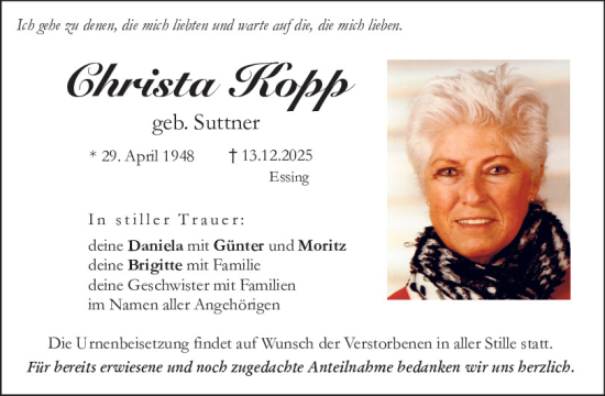 Traueranzeige von Christa Kopp von Mittelbayerische Zeitung Kelheim