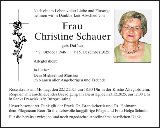 Traueranzeige von Christine Schauer von Mittelbayerische Zeitung Regensburg