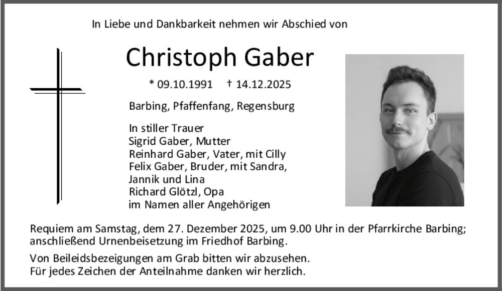  Traueranzeige für Christoph Gaber vom 20.12.2025 aus Mittelbayerische Zeitung Regensburg