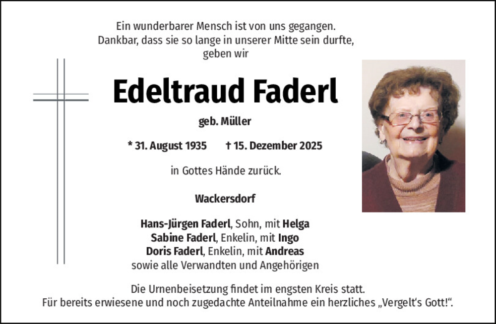  Traueranzeige für Edeltraud Faderl vom 20.12.2025 aus Mittelbayerische Zeitung Schwandorf
