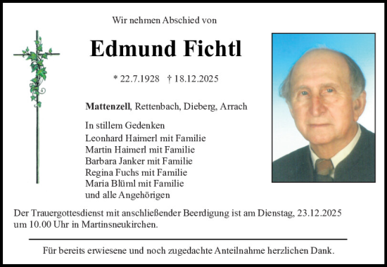 Traueranzeige von Edmund Fichtl von Bayerwald Echo