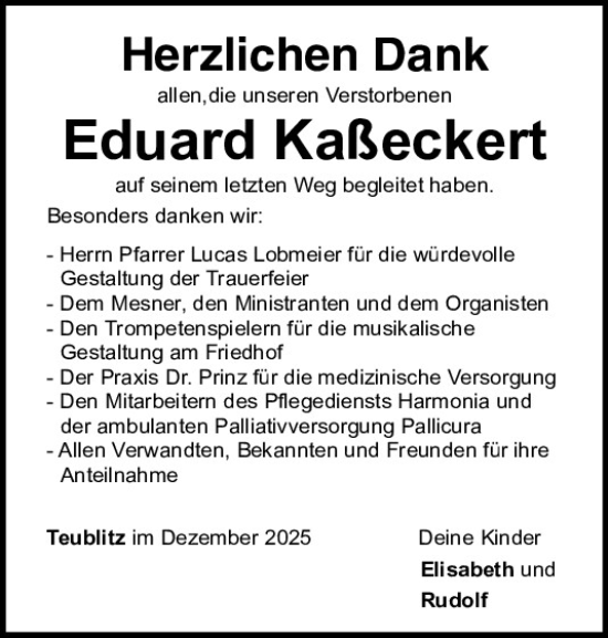 Traueranzeige von Eduard Kaßeckert von Mittelbayerische Zeitung Schwandorf