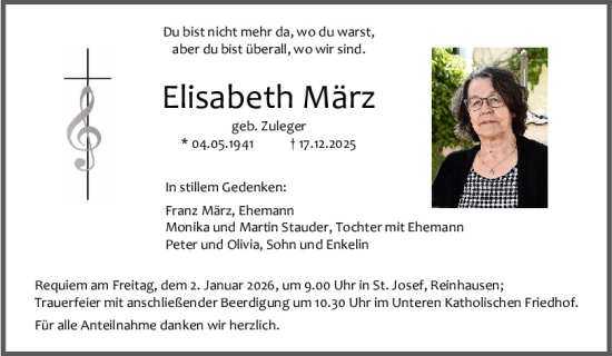 Traueranzeige von Elisabeth März von Mittelbayerische Zeitung Regensburg