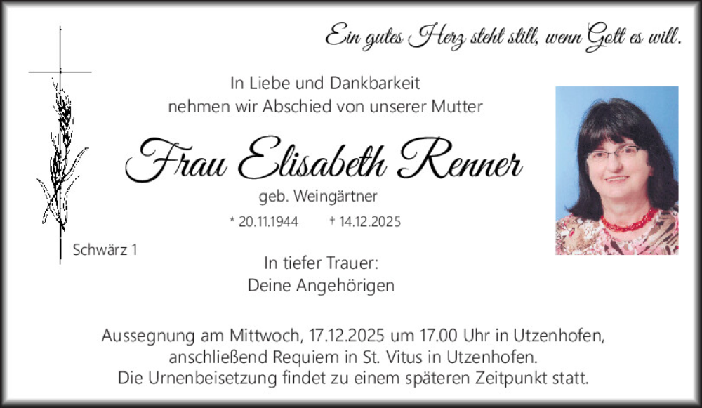  Traueranzeige für Elisabeth Renner vom 16.12.2025 aus Neumarkter Tagblatt