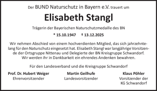 Traueranzeige von Elisabeth Stangl von Mittelbayerische Zeitung Schwandorf