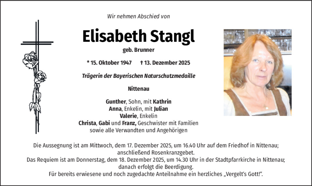  Traueranzeige für Elisabeth Stangl vom 16.12.2025 aus Mittelbayerische Zeitung Regensburg, Mittelbayerische Zeitung Schwandorf