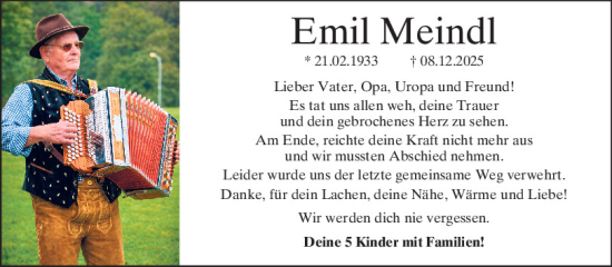 Traueranzeige von Emil Meindl von Mittelbayerische Zeitung Regensburg