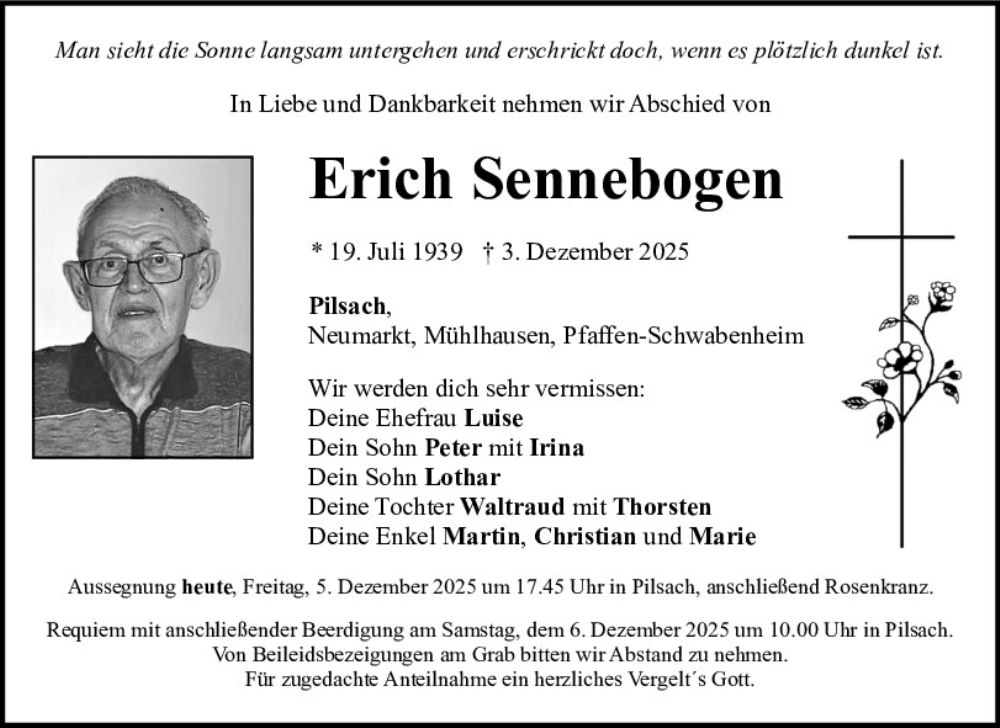  Traueranzeige für Erich Sennebogen vom 05.12.2025 aus Neumarkter Tagblatt