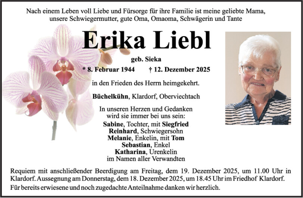  Traueranzeige für Erika Liebl vom 17.12.2025 aus Mittelbayerische Zeitung Schwandorf