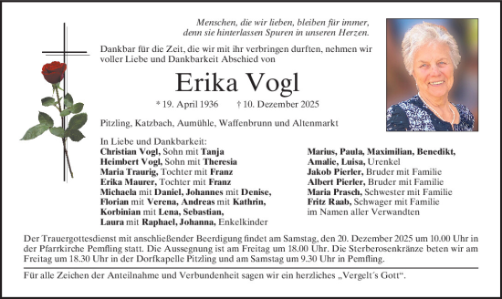 Traueranzeige von Erika Vogl von Bayerwald Echo