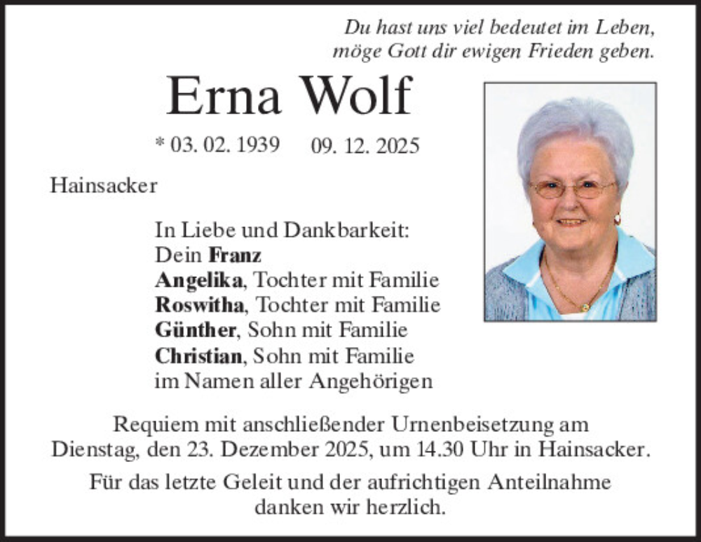  Traueranzeige für Erna Wolf vom 20.12.2025 aus Mittelbayerische Zeitung Regensburg
