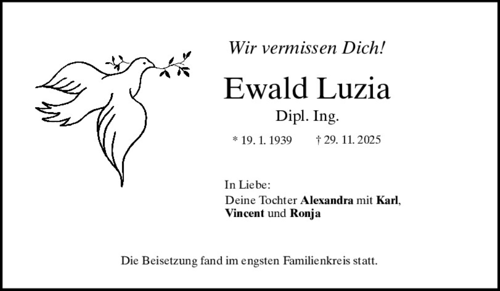  Traueranzeige für Ewald Luzia vom 20.12.2025 aus Mittelbayerische Zeitung Schwandorf