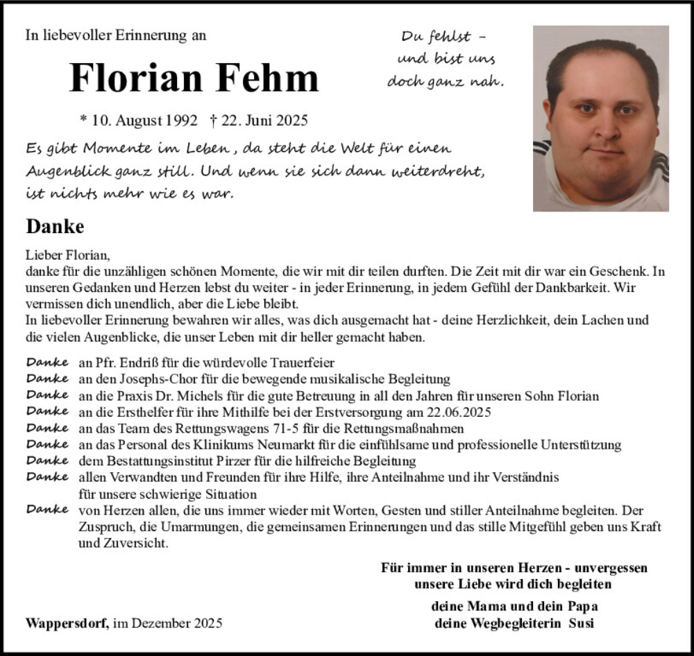  Traueranzeige für Florian Fehm vom 20.12.2025 aus Neumarkter Tagblatt